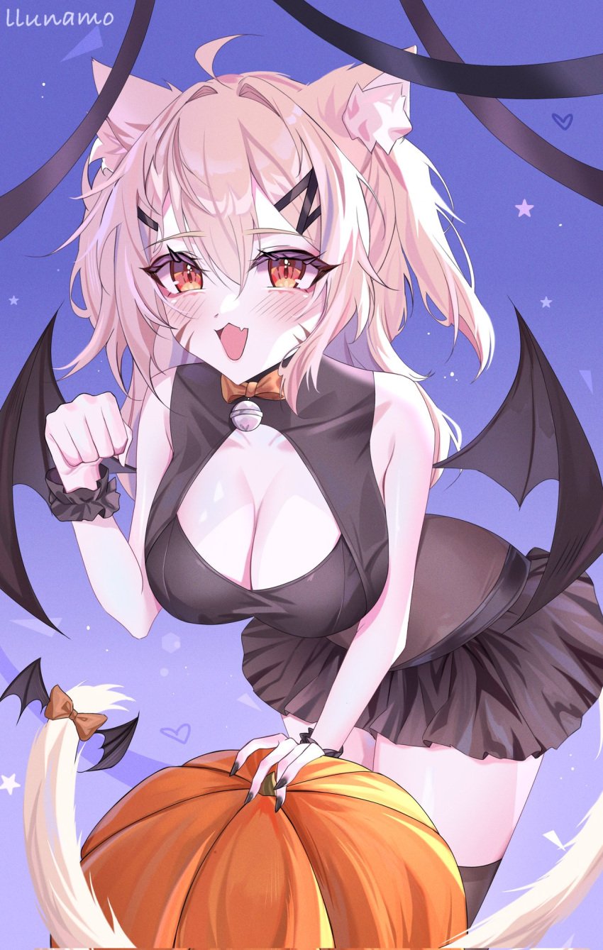 1girl :d ahoge animal_ear_fluff animal_ears bangs bare_shoulders big_breasts black_legwear black_shirt black_skirt blonde_hair blush bow breasts cat_ears cat_tail catgirl choker claw_pose cleavage crop_top demon_wings eyebrows_visible_through_hair face_markings fang female hair_between_eyes hair_ornament halloween large_breasts long_hair looking_at_viewer miniskirt open_mouth orange_eyes pleated_skirt red_eyes skirt sky sleeveless sleeveless_dress sleeveless_shirt smile solo squchan_(vtuber) striped striped_legwear tail thighhighs twintails twitter_username virtual_youtuber vyugen wings zettai_ryouiki