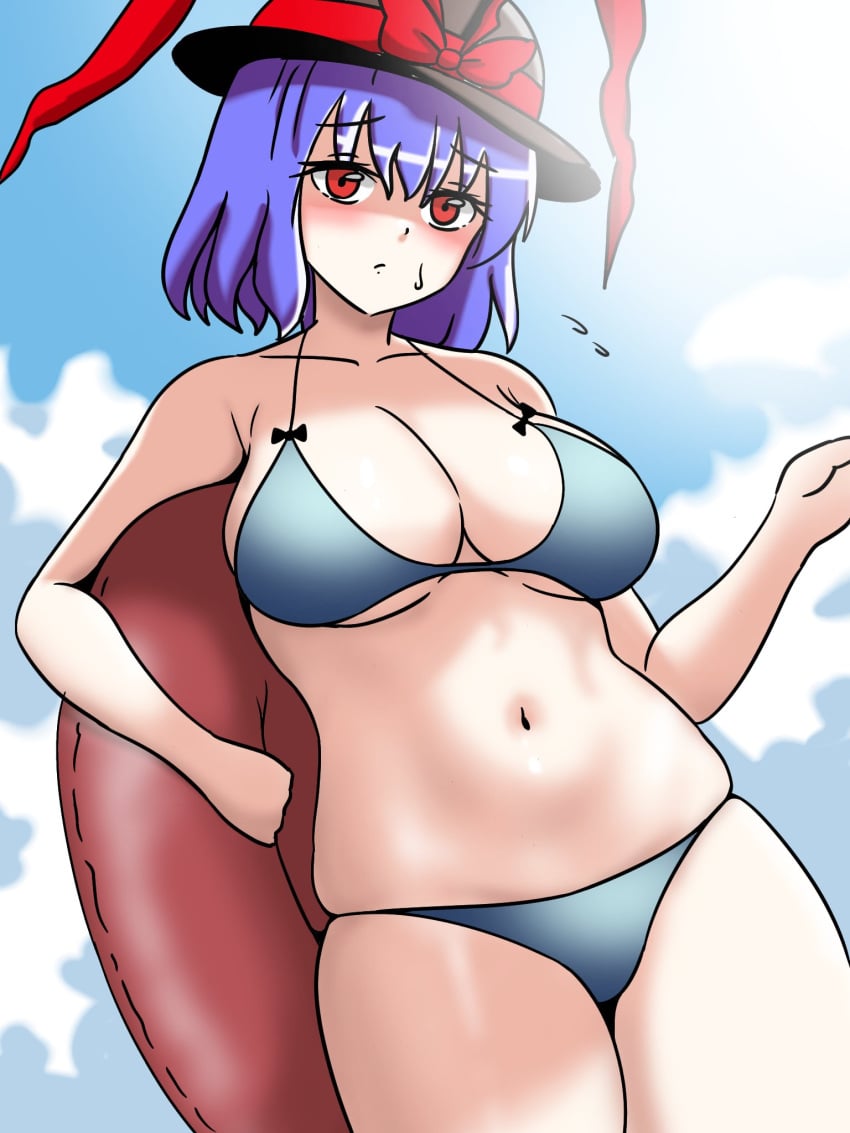 1girls beach big_breasts bikini breasts clouds detailed_background ehehe52921343 hat iku_nagae purple_hair red_eyes sky solo solo_female sweat sweatdrop thick_thighs thighs touhou