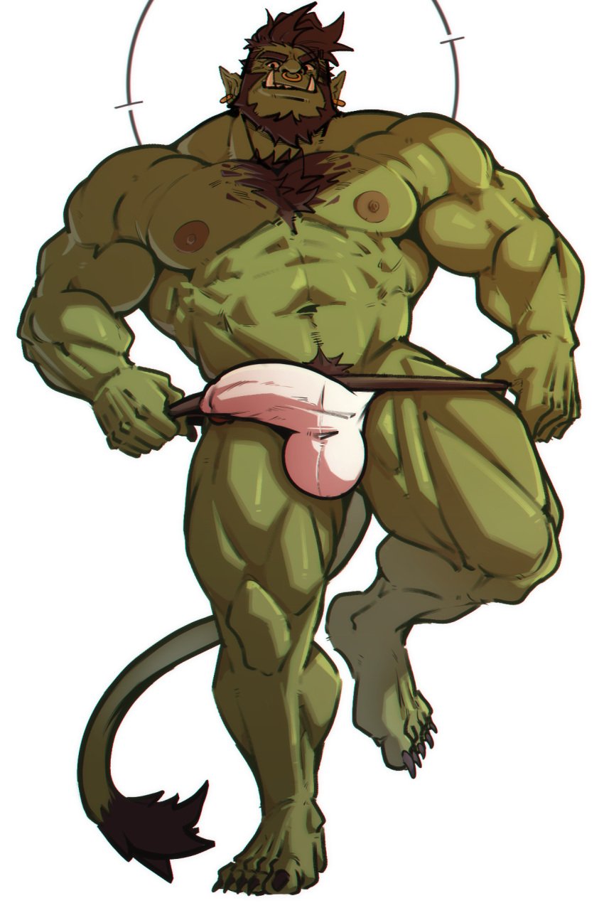 1boy abs balls_under_clothes bara biceps big_bulge bulge erection_under_clothes green-skinned_male green_body green_skin jockstrap male male_nipples male_only matcharyu muscular_male nipples orc orc_male pecs penis_outline penis_under_clothes pointy_ears teeth teeth_visible tusks underwear