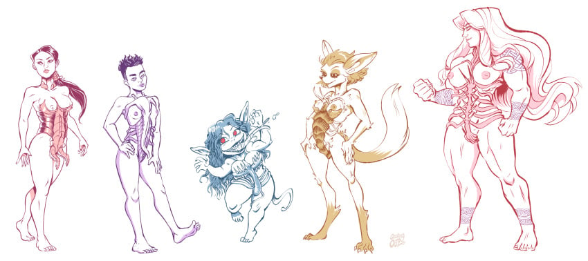 5girls amazon anthro asian_female commission digitigrade exposed_breasts feline fennec functionally_nude lineup living_clothes long_ears long_tongue multiple_girls muscular_female original_character seepingooze sharp_teeth short_hair shortstack tagme tail