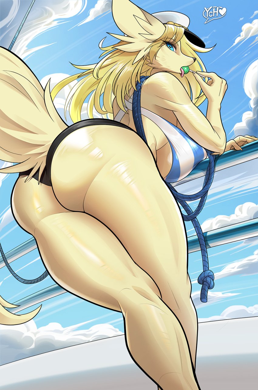 1girls 2020s 2024 anthro ass bent_over bent_over_railing bikini blanche_(kittellox) blonde_hair blue_eyes canid canine clothing cloud female female_only fox fur hair hat headgear headwear hi_res kittell_(artist) kittellox_(artist) looking_at_viewer looking_back looking_back_at_viewer mammal rear_view solo swimwear tan_body tan_fur thick_ass thick_thighs two-piece_swimsuit