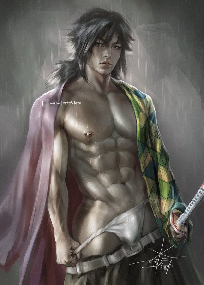 black_hair demon_slayer long_hair_male male male_focus male_only muscular muscular_male nipple_piercing partially_clothed piercing tomioka_giyuu xtevestrange