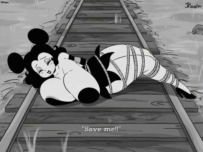 accidental_exposure animated areola_slip black_and_white bouncing_breasts cartoony duplicate helpless higher_resolution_available inferior_version joaoppereiraus monochrome nipple_slip rubberhose sally_mcboing text tied_up tied_up_(nonsexual) toon toony train_tracks