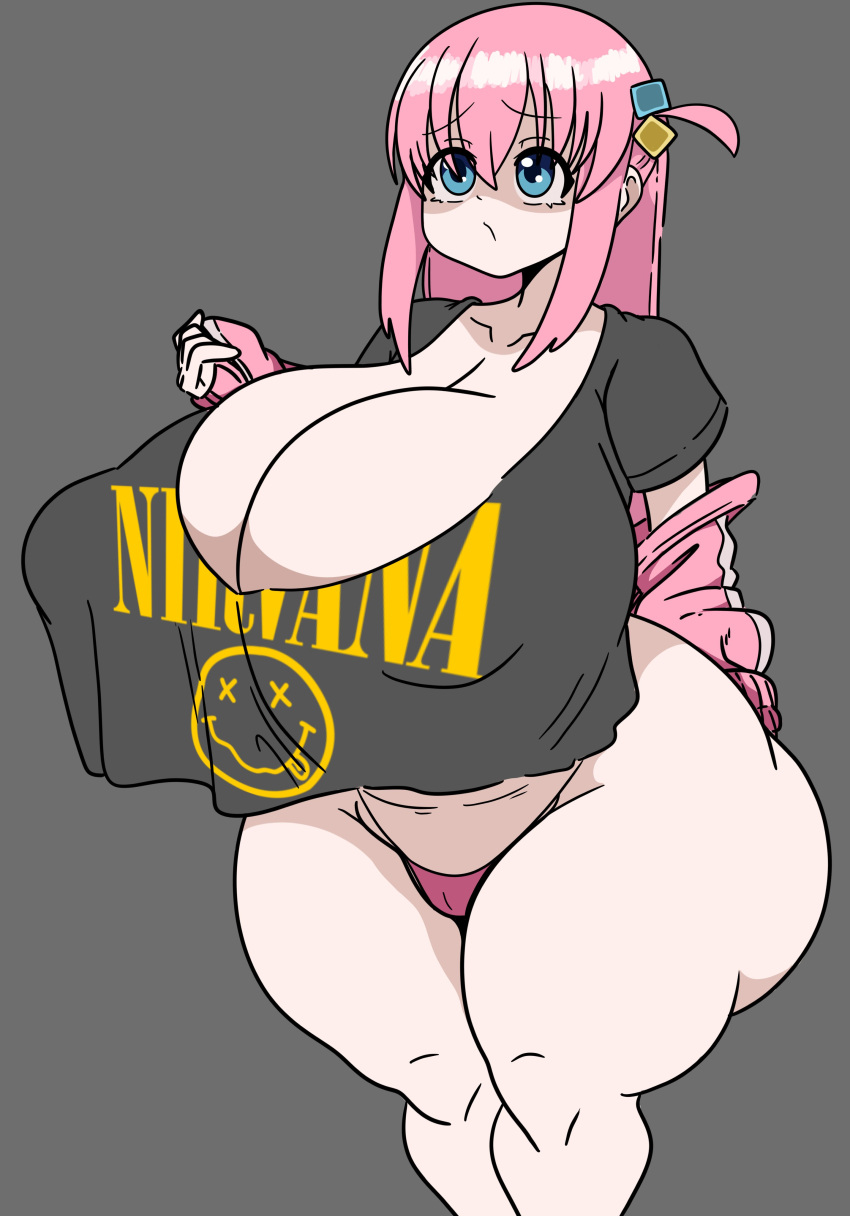 big_ass big_balls big_breasts big_thighs blue_eyes bocchi_the_rock! dumptruck_ass gotou_hitori huge_breasts inakotho japanese massive_breasts nirvana_(band) pale-skinned_female pink_hair simple_background simple_coloring simple_shading tagme thick_thighs wide_hips