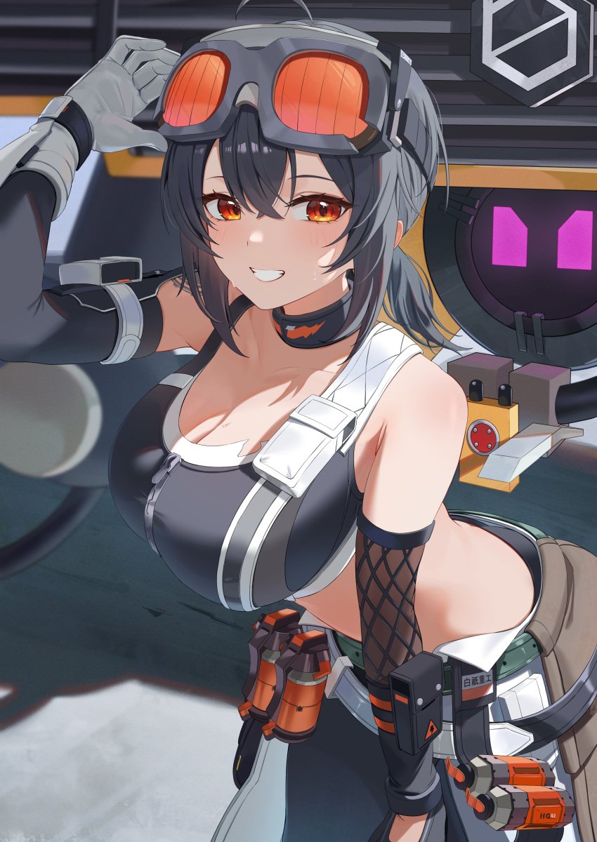 absurdres ahoge arm_up black_hair blush breasts cleavage clenched_teeth collarbone commentary cowboy_shot crop_top dyed_bangs edible_sus female gloves goggles goggles_on_head grace_howard highres huge_breasts long_hair looking_at_viewer orange_eyes outdoors ponytail sidelocks smile solo sweatdrop teeth white_gloves zenless_zone_zero