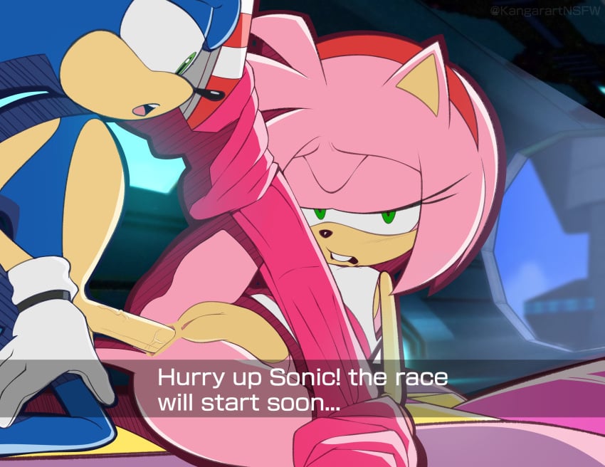 1boy 1girls amy_rose anal anal_sex animal_genitalia animal_penis anus artstyle_imitation ass blue_fur clothed_sex cum_in_ass dialogue female furry furry_only green_eyes hedgehog kangarart male partially_clothed pink_fur pink_hair post_anal pussy sonic_(series) sonic_riders sonic_the_hedgehog sonic_the_hedgehog_(series) straight style_parody text