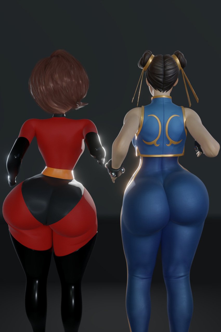 2girls 3d 3d_(artwork) ass ass_focus big_ass big_butt bodysuit capcom chun-li chun-li_(fortnite) crossover disney eastern_and_western_character elastigirl elastigirl_(fortnite) female_only fortnite helen_parr helen_parr_(fortnite) huge_ass mrvector_3d pixar street_fighter superhero superhero_costume superheroine tagme the_incredibles thick_thighs tight_clothing