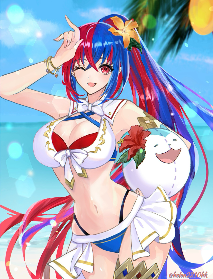 1girls absurdres alear_(female)_(fire_emblem) alear_(female)_(seaside_dragon)_(fire_emblem) alear_(fire_emblem) alternate_costume alternate_hairstyle ball beachball bikini blue_bikini blue_hair blue_sky blue_swimsuit breasts character_ball cleavage cloud crossed_bangs day female female female_only fire_emblem fire_emblem_engage fire_emblem_heroes flower hair_flower hair_ornament helen_(helen2210hk) highres holding holding_ball large_breasts long_hair multicolored_hair multiple_girls navel nintendo ocean official_alternate_costume official_alternate_hairstyle one_eye_closed open_mouth ponytail red_bikini red_eyes red_hair red_swimsuit sidelocks sky solo sommie_(fire_emblem) split-color_hair stomach sunlight swimsuit twitter_username two-tone_hair very_long_hair water white_bikini white_swimsuit yellow_flower