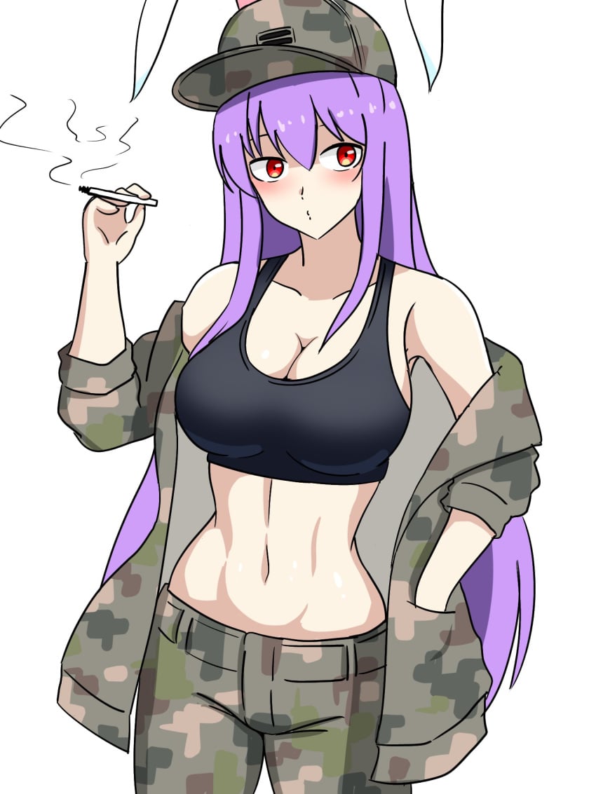 1girls big_breasts breasts bunny_ears bunny_girl cleavage clothed_female curvy curvy_female ehehe52921343 hat light-skinned_female long_hair military_hat military_uniform purple_hair red_eyes reisen_udongein_inaba smoking smoking_cigarette solo solo_female sports_bra touhou white_background