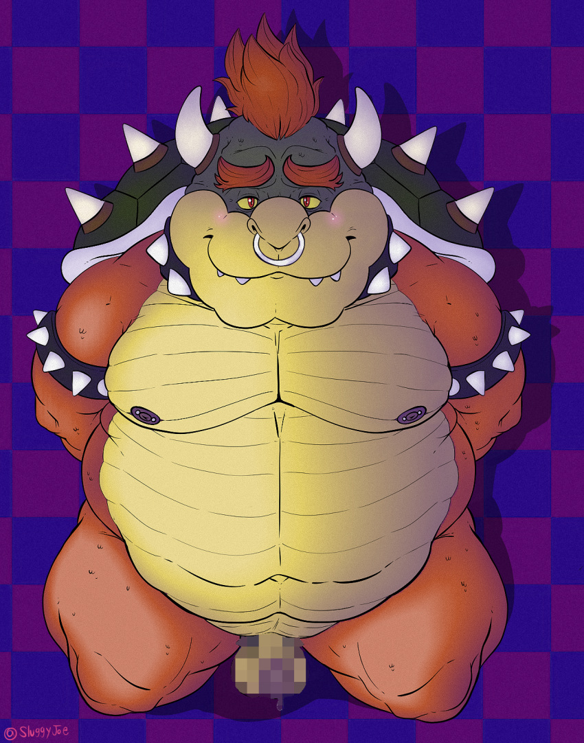 1boy 1male 2024 alternate_version_available anthro anthro_only arms_behind_back bara bedroom_eyes belly_button big_balls big_belly big_glans big_thighs bowser censored censored_balls censored_genitalia censored_penis checkered_background chubby_male circumcised collar digital_drawing_(artwork) digital_media_(artwork) erect_nipples erect_penis erection from_above front_view ginger green_head horns koopa male male_only mario_(series) monster moobs navel nintendo non-human non-human_only non-mammal_balls non-mammal_breasts nose_piercing obese obese_male orange_body overweight overweight_male pierced_nipples piercing pose posing precum purple_glans purple_nipples red_eyes red_hair reptile scalie scalie_only shell simple_background sitting_on_knees small_penis smile smiling_at_viewer solo spiked_bracelet spiked_collar spiked_hair spiked_shell stocky submissive_male super_mario_bros. thick_thighs turtle yellow_sclera