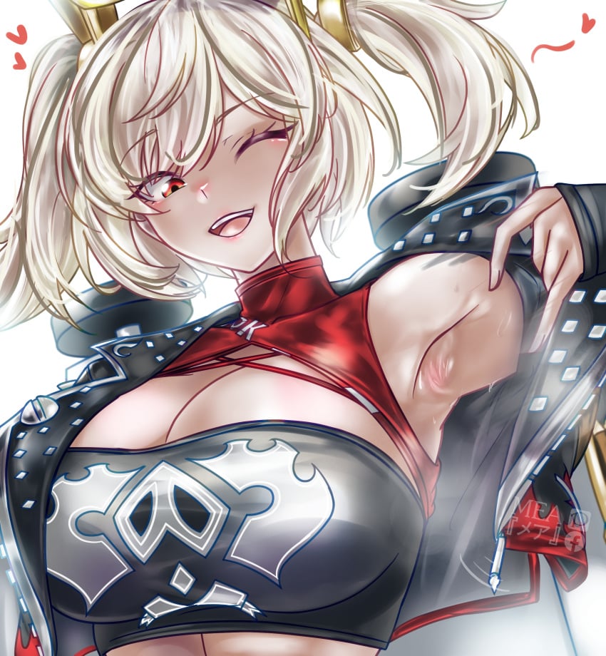 ;d absurdres armpits bare_shoulders black_jacket breasts burnice_white female grey_hair highres huge_breasts jacket large_breasts looking_at_viewer mea_(manami030) midriff one_eye_closed open_clothes open_jacket open_mouth red_eyes short_hair smile solo strapless tomboy tube_top twintails upper_body zenless_zone_zero