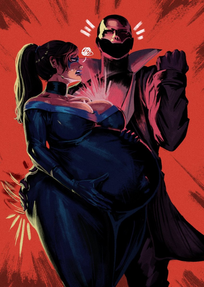 ass_grab big_belly big_breasts breasts choker dc dc_comics dick_grayson female genderswap genderswap_(mtf) huge_belly male nightwing outie_navel popped_navel pregnant redblacktac torpedo_belly