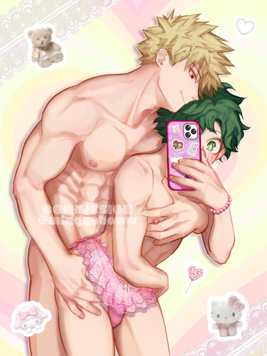 2boys abs armpits bakugou_katsuki bare_hips bare_legs blonde_hair blush bones_(studio) bracelet candy cellphone chest clothing crossdressing curly_hair femboy food freckles gay green_eyes green_hair groin hand_on_another&#039;s_hip heart hello_kitty hello_kitty_(character) hello_kitty_(series) holding holding_phone izuku_midoriya jewelry katsuki_bakugou kitty_white legs lollipop male male/male male_focus male_only midoriya_izuku minggchoww multiple_boys muscle muscles muscular muscular_legs muscular_male muscular_uke my_hero_academia my_sweet_piano nipples nude onegai_my_melody panties pastel_colors pectorals phone piano-chan pink_panties pink_skirt pink_thong_panties plush red_eyes sanrio scar selfie sexually_suggestive short_hair shounen_jump skirt smartphone smile spiked_hair sticker stuffed_animal stuffed_toy swimsuit teddy_bear teenager thong topless twink underwear yaoi