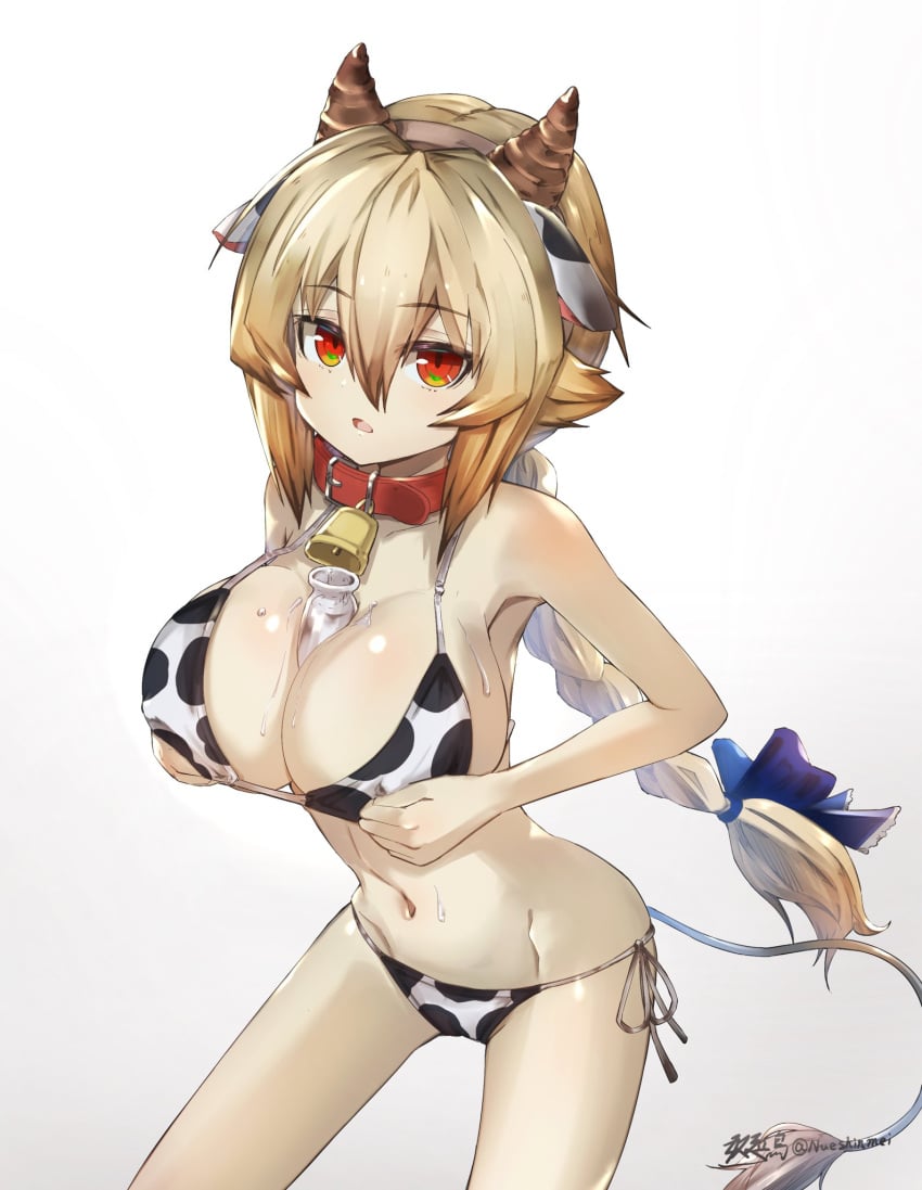 1girls ahoge bikini blazblue blonde_hair bottle braid breasts cow_ears cow_horns cow_print cowbell es_(xblaze) hair_ribbon holding_swimsuit large_breasts long_hair nueshinmei open_mouth orange_eyes red_eyes swimsuit tail xblaze