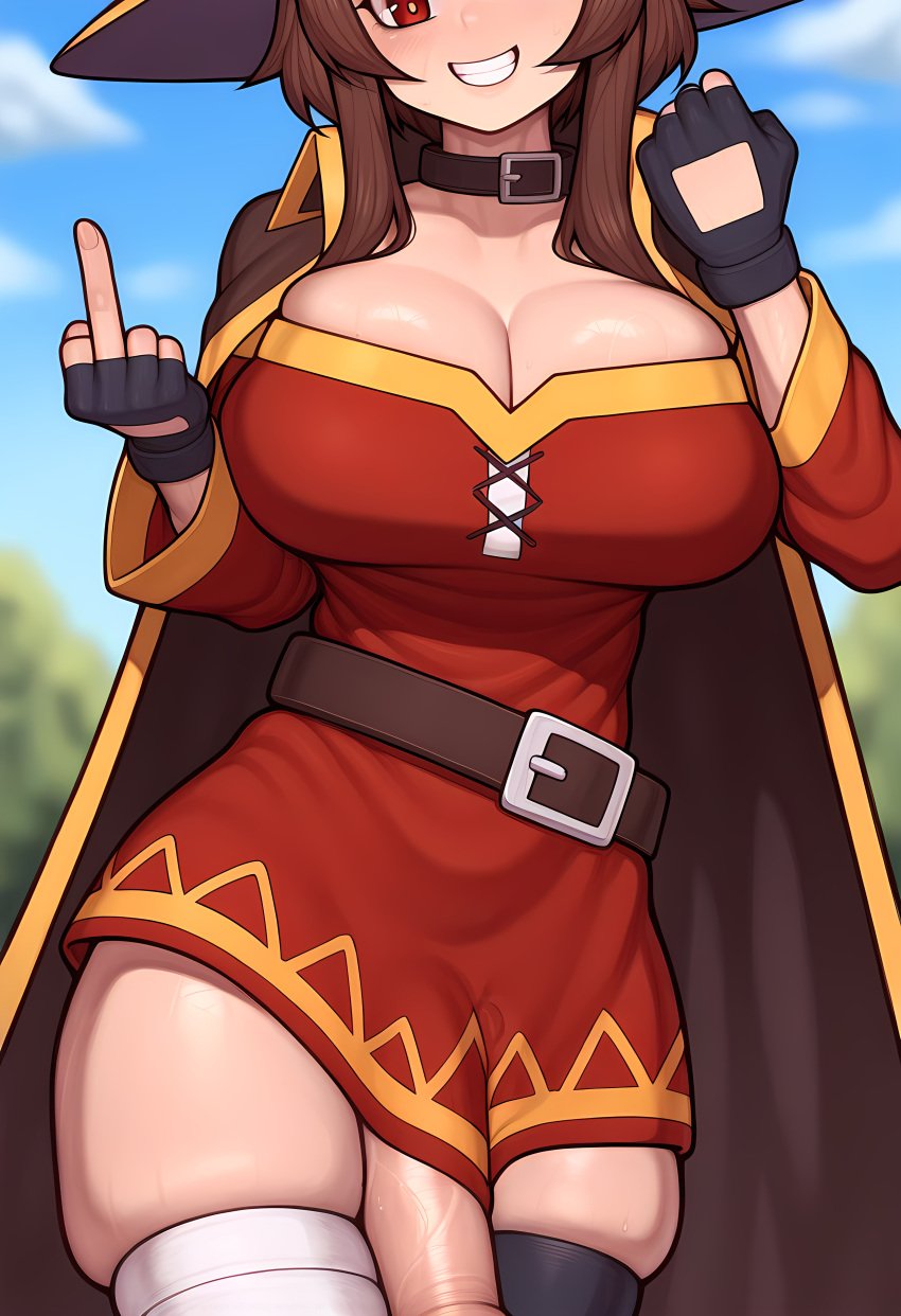 1futa adult ai_generated bandages belt cape chocker cloud clouds demon fingerless_gloves fist futa_only hat kono_subarashii_sekai_ni_shukufuku_wo! konoai legwear lips looking_at_viewer magic_user megumin middle_finger nails outdoors pov red_eyes smile strap sweat sweatdrop teeth teeth_showing tree veins