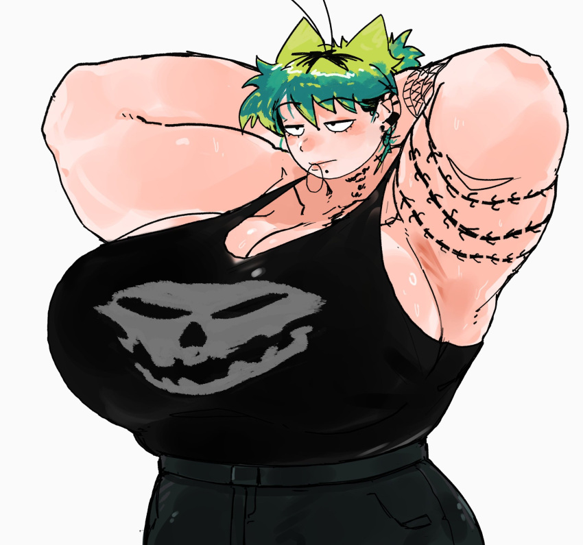 1girls big_breasts breasts cleavage female female_focus female_only fully_clothed green_hair huge_breasts massive_breasts muscular muscular_arms muscular_female rochi rrrroch1 sideboob solo tank_top