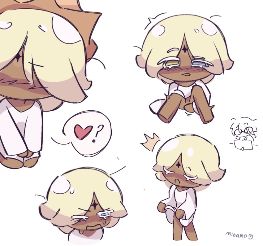 blush closed_eyes cookie cookie_run doodle embarrassed_male ken_doll_anatomy male masturbation no_genitals pure_vanilla_cookie shy solo spread_legs sweat white_dress