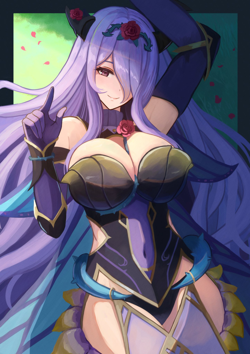 1girls alternate_costume bare_thighs black_panties camilla_(fire_emblem) camilla_(resplendent)_(fire_emblem) cleavage fire_emblem fire_emblem_fates fire_emblem_heroes hair_over_one_eye inner_thighs labebebe_lee large_breasts looking_at_viewer nintendo official_alternate_costume panties purple_eyes purple_hair smile thighs underwear