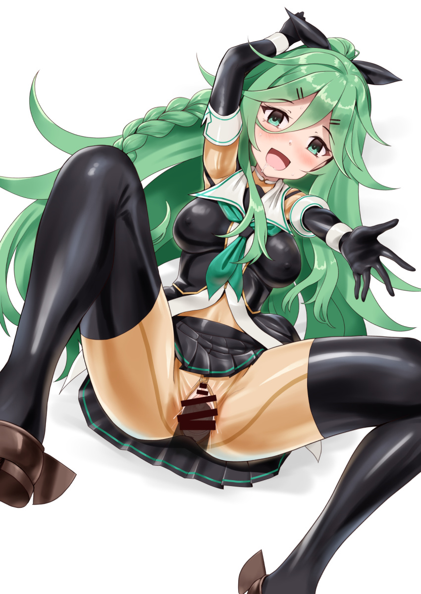 2d bangs bar_censor black_gloves black_legwear black_ribbon black_serafuku black_skirt bodysuit braid breasts buttons censored clothed clothing color double-breasted dress elbow_gloves female girl girl_only gloves green_eyes green_hair green_neckwear hair_between_eyes hair_flaps hair_ornament hair_ribbon hairclip highres jumping kantai_collection latex latex_bodysuit latex_dress latex_gloves latex_legwear long_hair looking_at_viewer medium_breasts minase_(takaoka_nanase) mostly_clothed neckerchief nipple_bulge nipples nipples_visible_through_clothing open_mouth parted_bangs penis pleated_skirt ponytail pussy reaching_out reaching_towards_viewer remodel_(kantai_collection) ribbon school_uniform serafuku shiny shiny_clothes shoes sidelocks skin_tight skirt smile solo spread_legs thighhighs twin_braids white_background wrist_cuffs yamakaze_(kantai_collection)