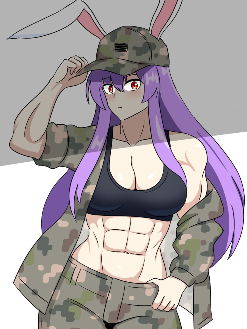 1girls abs big_breasts breasts bunny_ears bunny_girl cleavage clothed_female ehehe52921343 hat light-skinned_female long_hair military_hat military_uniform muscular_female purple_hair red_eyes reisen_udongein_inaba solo solo_female sports_bra touhou white_background