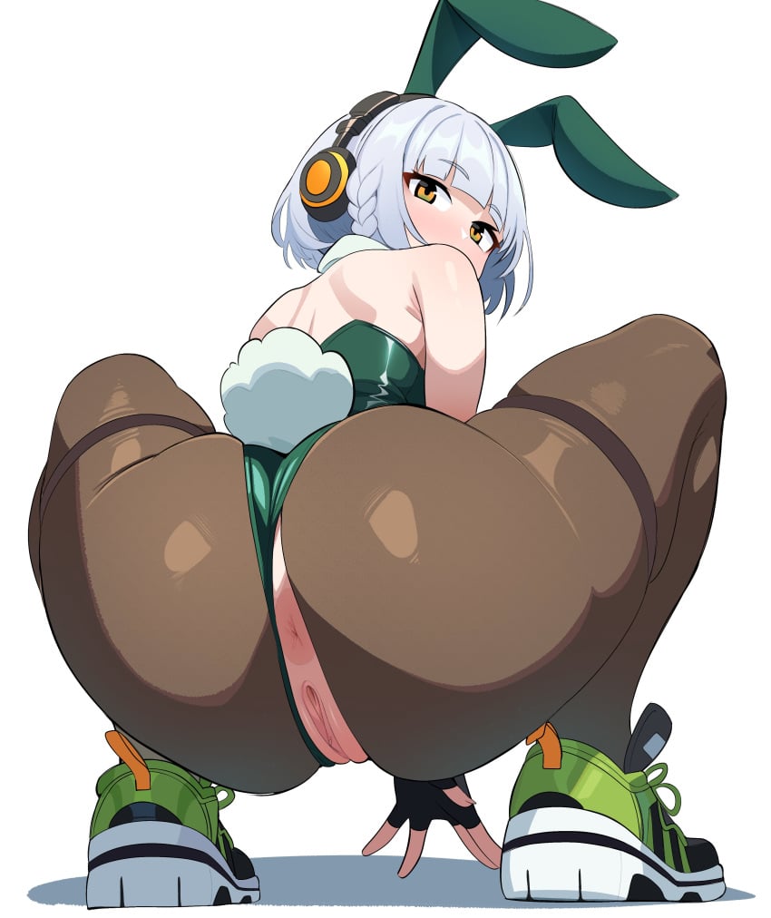 absurdres anby_demara animal_ears anus ass ass_focus black_gloves black_pantyhose brown_eyes bunny bunny_ear bunny_ears bunny_girl bunny_tail bunnysuit exposed_anus exposed_pussy fake_animal_ears female fingerless_gloves from_behind full_body gloves highres looking_at_viewer looking_back looking_back_at_viewer looking_down looking_down_at_viewer low-angle_view maidcousin pantyhose playboy_bunny pussy rabbit_ears rabbit_girl rabbit_suit rabbit_tail ripped_clothing ripped_pantyhose shirt short_hair simple_background skindentation sneakers thighs white_shirt zenless_zone_zero