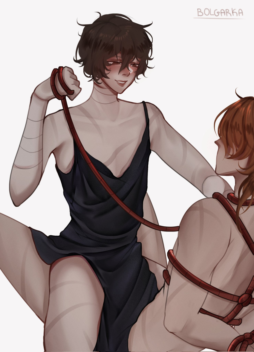 2boys black_dress blush bondage brown_hair bungo_stray_dogs bungou_stray_dogs chuuya_nakahara couple couple_(romantic) dazai_osamu dominant_bottom dress feminine_male feminine_pose light-skinned_male light_skin male male/male male_focus male_only nakahara_chuuya osamu_dazai pale-skinned_male pale_skin power_bottom powerbottom red_hair red_rope scar scars seductive seductive_look twink