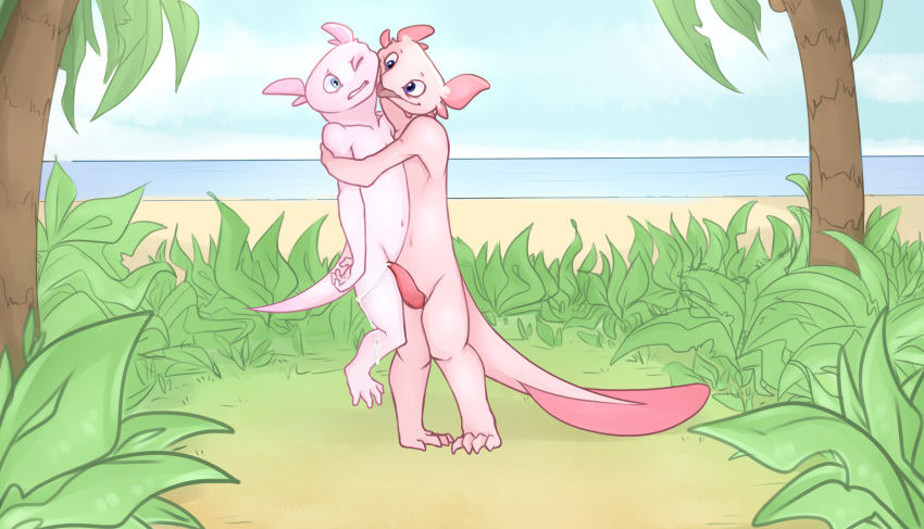 amphibian anthro axolotl beach bodily_fluids brother brothers cum duo genital_fluids hi_res hug kitsune2000 male mole_salamander penis salamander_(amphibian) seaside sibling young