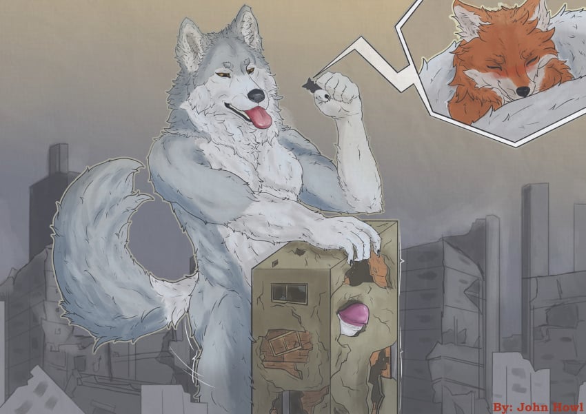 absurd_res anthro bigkami blush blush_lines building building_destruction building_penetrated canid canine canis city city_background city_destruction close-up destruction dominant dominant_male duo erection extreme_size_difference fox genitals hi_res humanoid john_howl looking_pleasured macro male male/male mammal penis shy size_difference wolf