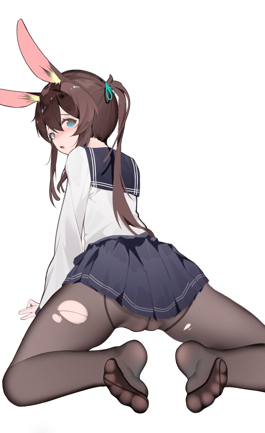 absurdres amiya_(arknights) animal_ears aqua_ribbon arknights arm_support black_pantyhose blue_eyes blue_sailor_collar blue_skirt blush brown_hair chinese_commentary cleft_of_venus commentary_request double-parted_bangs feet feet_focus female full_body hair_between_eyes hair_ribbon highres leaning_forward long_bangs long_hair long_sidelocks long_sleeves looking_at_viewer looking_back miniskirt mons_pubis no_panties no_shoes no_tail nose_blush pantyhose pantyhose_feet parted_lips pleated_skirt ponytail pussy rabbit_ears rabbit_girl raised_inner_eyebrows ribbon sailor_collar school_uniform serafuku shenmi_de_xigua shirt sidelocks simple_background skirt soles solo toe_seam toes torn_clothes torn_pantyhose uncensored white_background white_shirt