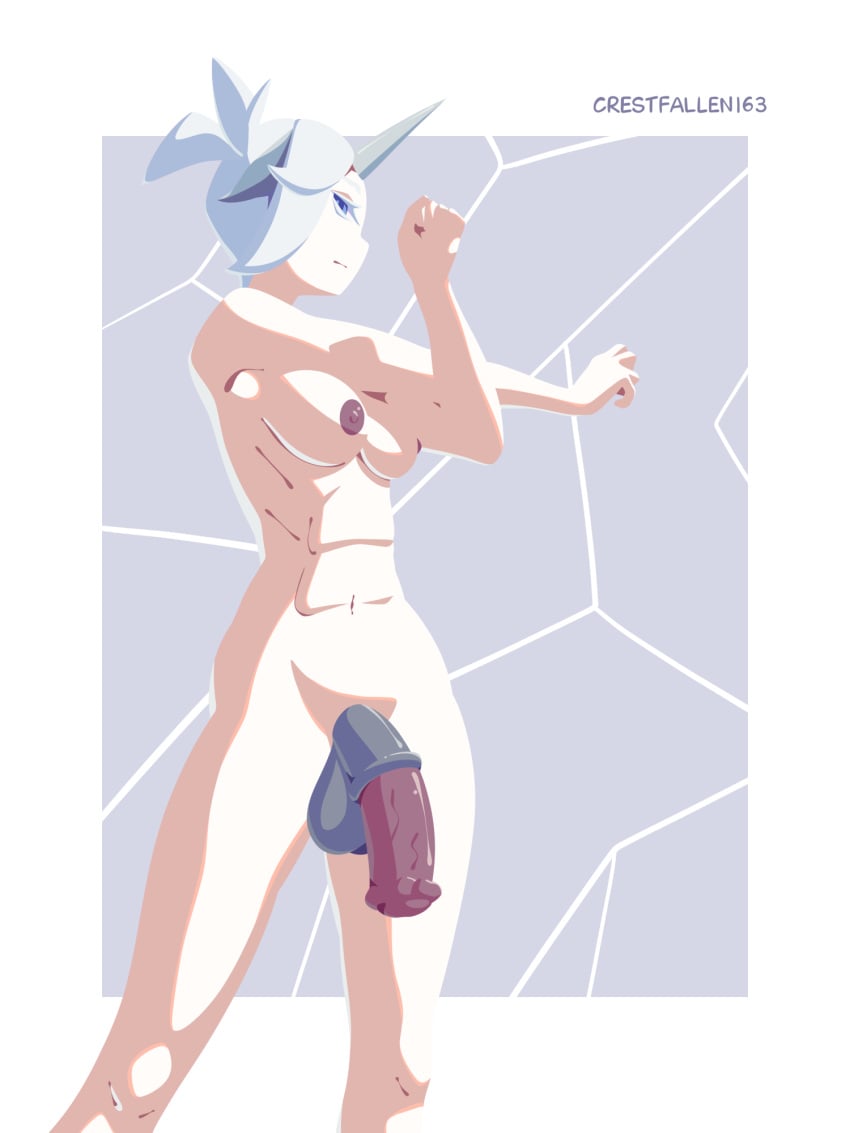 animal_penis artist_name blue_eyes cel_shading completely_nude crestfallen163 flaccid futanari horn horsecock large_penis medium_breasts muscular muscular_female original original_character self_upload standing stretching tail unicorn white_hair