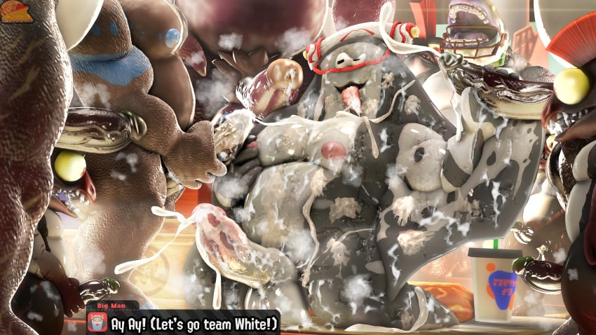 2025 3d_(artwork) absurd_res anthro anthrofied balls bear beverage big_balls big_man_(splatoon) big_muscles big_pecs big_penis blue_nipples bodily_fluids brown_body bukkake celebrating chum_(splatoon) cohock_(splatoon) cohozuna cum cum_drip cum_in_mouth cum_inside cum_on_face cum_on_penis cumshot dialogue dialogue_box digital_media_(artwork) dripping ejaculation fish genital_fluids genitals glans grey_body group group_sex hi_res king_salmonid male male/male mammal marine maroon_body masturbation megalodontia mohawk moonwulf mr._coco_(splatoon) mr._grizz multicolored_body multiple_orgasms musclegut muscular musk musk_clouds nintendo nipple_fetish nipple_play nipples obese orgasm orgy overweight pecs penis pose salmonid_(splatoon) sex size_difference slightly_chubby source_filmmaker_(artwork) splatoon thick_arms thick_dick thick_thighs two_tone_body vein veiny_penis watermark