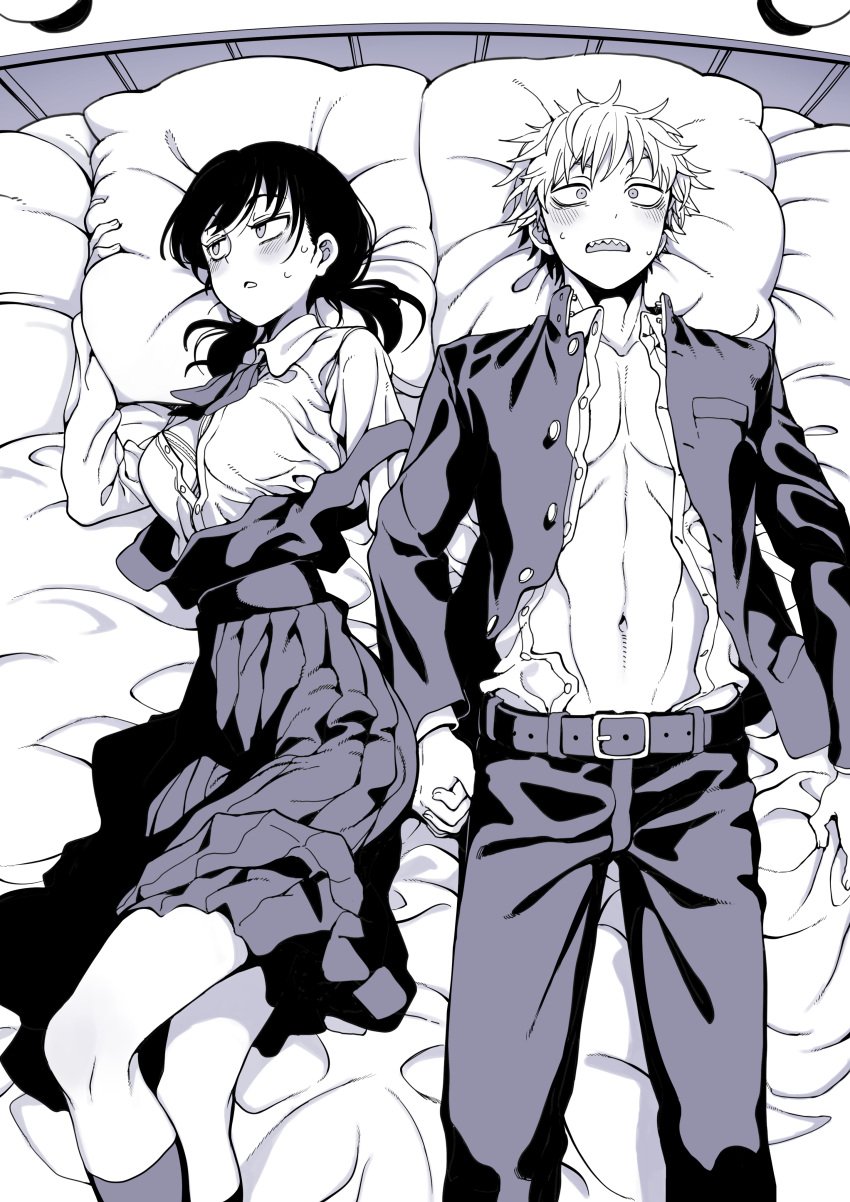 1boy 1boy1girl 1girls bashful black_and_white black_hair blonde_hair blush bra bra_peek chainsaw_man clothed clothed_female clothed_male denji_(chainsaw_man) embarrassed exposed exposed_breasts female half-dressed holding_hands jacket jacket_open long_hair male mitaka_asa on_back on_bed open_clothes open_shirt school_uniform schoolboy schoolgirl sharp_teeth shirtless shirtless_male short_hair skgora9 skirt skirt_up twintails undressing