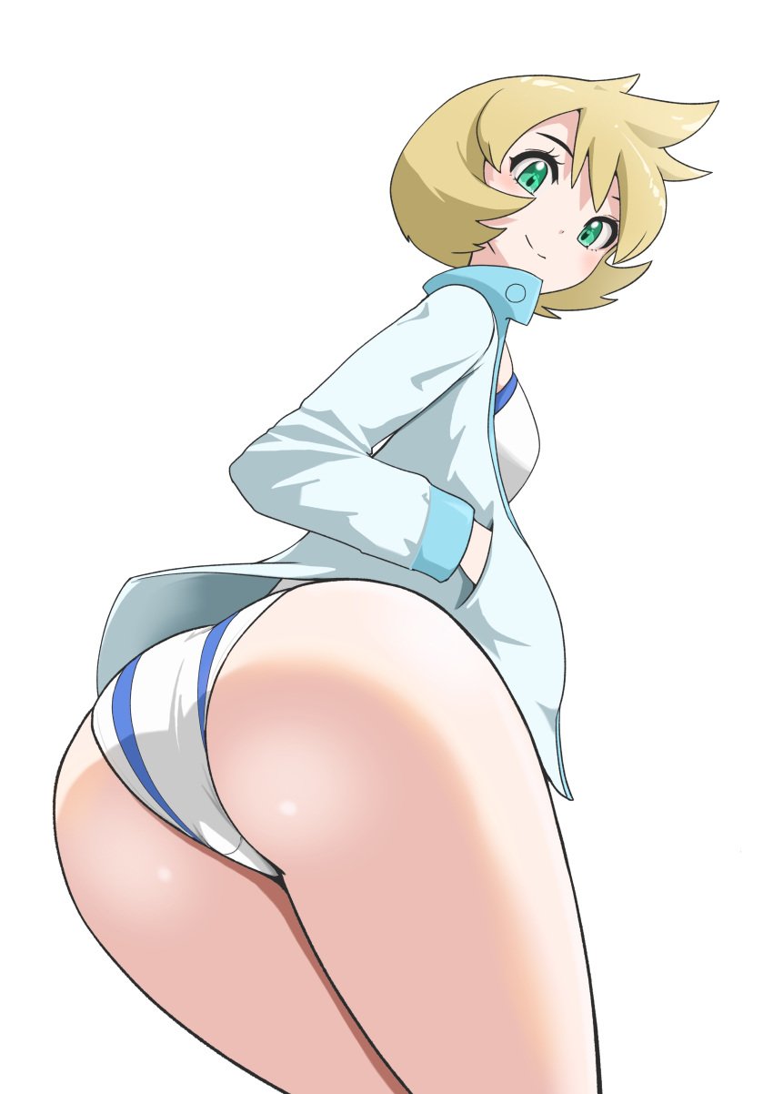 ass bangs blonde_hair blush breasts closed_mouth competition_swimsuit eyelashes female female_only from_behind green_eyes gym_leader hand_in_pocket hands_in_pockets jacket kasumi_(pokemon) legs long_sleeves looking_at_viewer looking_back looking_down microsd_(artist) microsd_(pibo) misty_(pokemon_hgss) one-piece_swimsuit open_clothes open_jacket orange_hair pokemon pokemon_gsc pokemon_hgss shirt short_hair sitting smile solo standing swimsuit swimsuit_under_clothes thighs white_jacket white_one-piece_swimsuit