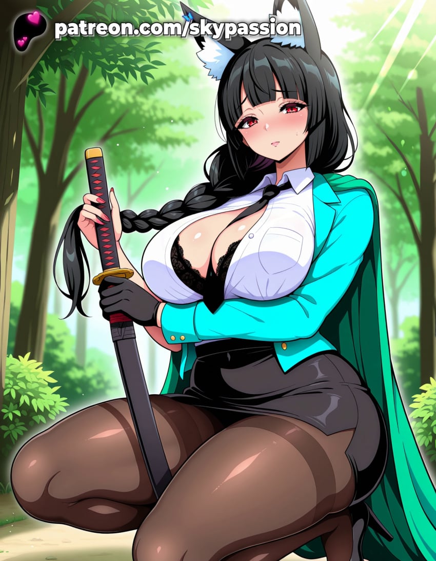1girls 2025 against_tree ai_assisted ai_generated animal_ear_fluff animal_ears anime arm_under_breasts artist_name bamboo bamboo_forest bangs bare_tree big_breasts big_breasts big_breasts big_chest black_bra black_footwear black_hair black_skirt blush bra bra_visible_through_clothes braid branch breast breast_hold breasts breasts breasts brown_legwear bush bust busty chest christmas_tree clothed_female dappled_sunlight day eyebrows_visible_through_hair female_focus female_only foliage forest formal fox_ears fox_girl garden grass hi_res high_heels high_quality high_resolution highres holding holding_sword hoshimi_miyabi jacket jungle katana kemonomimi lace lace-trimmed_bra lace_trim large_breasts leaf leaf_background long_hair long_sleeves looking_at_viewer miniskirt nature necktie office_lady one_knee outdoors palm_leaf palm_tree panties_under_pantyhose pantyhose park parted_lips patreon patreon_username pencil_skirt pine_tree plant potted_plant red_eyes sheath sheathed shirt side_slit skirt skirt_suit skypassion solo squatting stable_diffusion suit sword tanzaku thighband_pantyhose tree tree_shade under_tree underwear very_long_hair watermark weapon white_shirt zenless_zone_zero