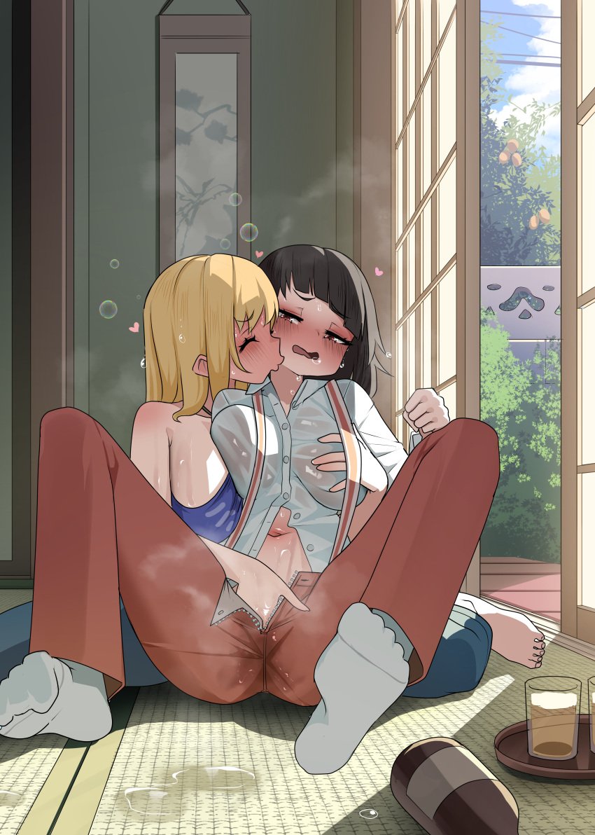 black_hair blonde_hair blush breast_grab button_down_shirt clothed fingering long_hair monobe monobe_yuri muhyo_to_rouji_no_mahouritsu_soudan_jimusho pussy_juice red_eyes socks sweat yellow_hair yuri