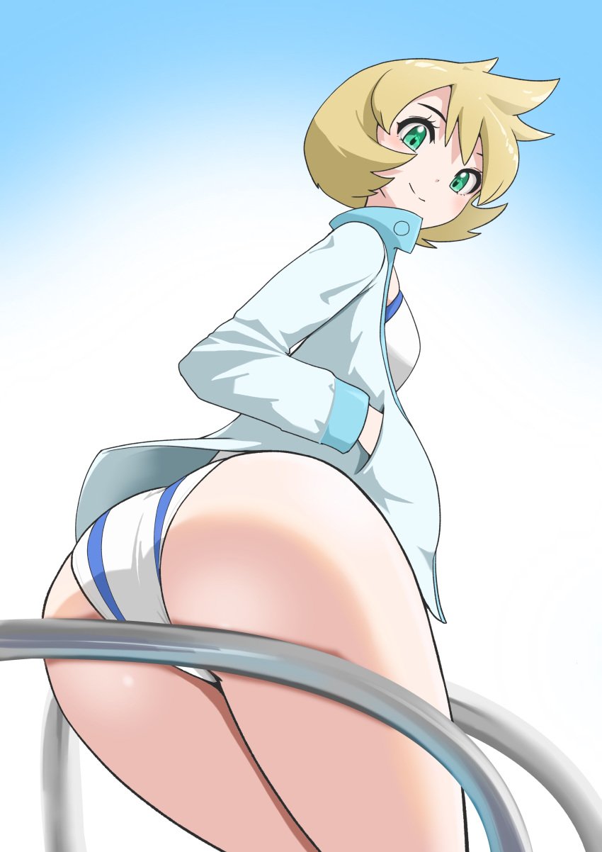 ass bangs blonde_hair blush breasts closed_mouth competition_swimsuit eyelashes female female_only from_behind green_eyes gym_leader hand_in_pocket hands_in_pockets jacket kasumi_(pokemon) legs long_sleeves looking_at_viewer looking_back looking_down microsd_(artist) microsd_(pibo) misty_(pokemon_hgss) one-piece_swimsuit open_clothes open_jacket orange_hair pokemon pokemon_gsc pokemon_hgss shirt short_hair sitting smile solo standing swimsuit swimsuit_under_clothes thighs white_jacket white_one-piece_swimsuit