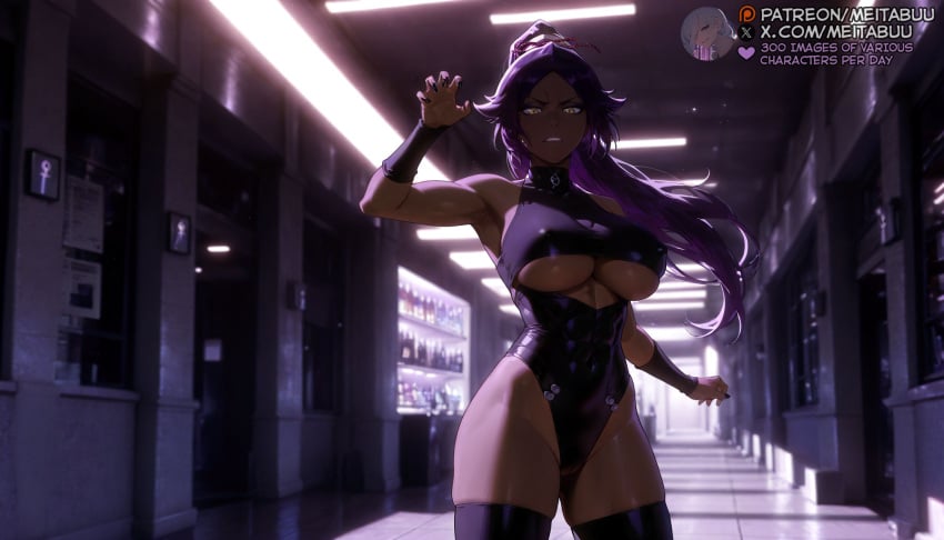 abs ai_generated armpits bare_shoulders black_leotard black_thighhighs bleach breasts clothing_cutout covered_navel cowboy_shot dark-skinned_female dark_skin female highleg highleg_leotard indoors large_breasts leotard long_hair looking_at_viewer meitabuu parted_bangs parted_lips ponytail purple_hair shihouin_yoruichi skin_tight skindentation solo standing taut_leotard teeth thick_thighs thighhighs thighs toned underboob underboob_cutout vending_machine yellow_eyes