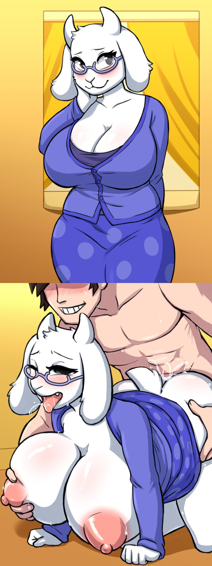 1boy 1girls anthro anthro_on_human big_breasts blush boss_monster boss_monster_(undertale) breasts cum cum_inside deltarune doggy_style female female fluffy furry furry_female glasses grabbing_breasts hand_on_breast horn horns huge_breasts human human_on_anthro male male/female nipples penetration sex tongue tongue_out toriel two_panel_image undertale undertale_(series) vermelhatan