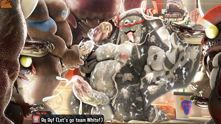 2025 3d_(artwork) absurd_res anthro anthrofied balls bear beverage big_balls big_man_(splatoon) big_muscles big_pecs big_penis blue_nipples bodily_fluids brown_body bukkake celebrating chum_(splatoon) cohock_(splatoon) cohozuna cum cum_drip cum_in_mouth cum_inside cum_on_face cum_on_penis cumshot dialogue dialogue_box digital_media_(artwork) dripping ejaculation fish genital_fluids genitals glans grey_body group group_sex hi_res king_salmonid male male/male mammal marine maroon_body masturbation megalodontia mohawk moonwulf mr._coco_(splatoon) mr._grizz multicolored_body multiple_orgasms musclegut muscular nintendo nipple_fetish nipple_play nipples obese orgasm orgy overweight pecs penis pose salmonid_(splatoon) sex size_difference slightly_chubby source_filmmaker_(artwork) splatoon thick_arms thick_dick thick_thighs two_tone_body vein veiny_penis watermark