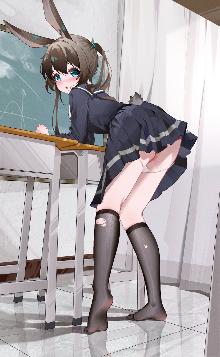 absurdres amiya_(arknights) animal_ear_fluff animal_ears arknights arm_support black_socks blue_eyes blue_ribbon blue_sailor_collar blue_serafuku blue_shirt blue_skirt blush brown_hair chalkboard chinese_commentary commentary_request curtains double-parted_bangs female film_grain from_behind full_body graph hair_between_eyes hair_ribbon highres indoors kneehighs leaning_forward leaning_on_object long_bangs long_sleeves looking_at_viewer looking_back marble_(stone) marble_floor math micro_panties no_shoes nose_blush panties panty_pull parted_lips pleated_skirt ponytail pussy rabbit_ears rabbit_girl rabbit_tail raised_inner_eyebrows reflective_floor ribbon sailor_collar school_uniform serafuku shenmi_de_xigua shirt skirt socks soles solo standing stool string_panties striped_clothes striped_panties tail teeth torn_clothes torn_socks turning_head uncensored underwear upper_teeth_only vertical-striped_clothes vertical-striped_panties