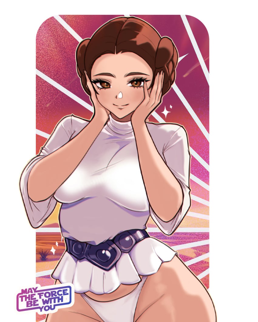 1female 1girl 1girls 2025 2025s 2d 2d_(artwork) 2d_artwork belt big_breasts blush border breasts brown_eyes brown_hair clothed clothed_female clothing datli64 digital_art digital_drawing digital_drawing_(artwork) digital_media digital_media_(artwork) digital_painting digital_painting_(artwork) disney dress english english_text eyebrows eyelashes female female_focus female_only hair hair_bun hand_on_face hand_on_own_face hi_res huge_breasts human human_female human_only large_breasts light-skinned_female light_skin looking_at_viewer lucasfilm may_the_4th_be_with_you open_eyes panties princess princess_leia_organa short_dress short_white_dress sleeves smile smiling smiling_at_viewer solo solo_female solo_focus standing star_wars text thick_thighs thighs underwear white_border white_clothing white_dress white_panties white_underwear wide_hips wide_sleeves