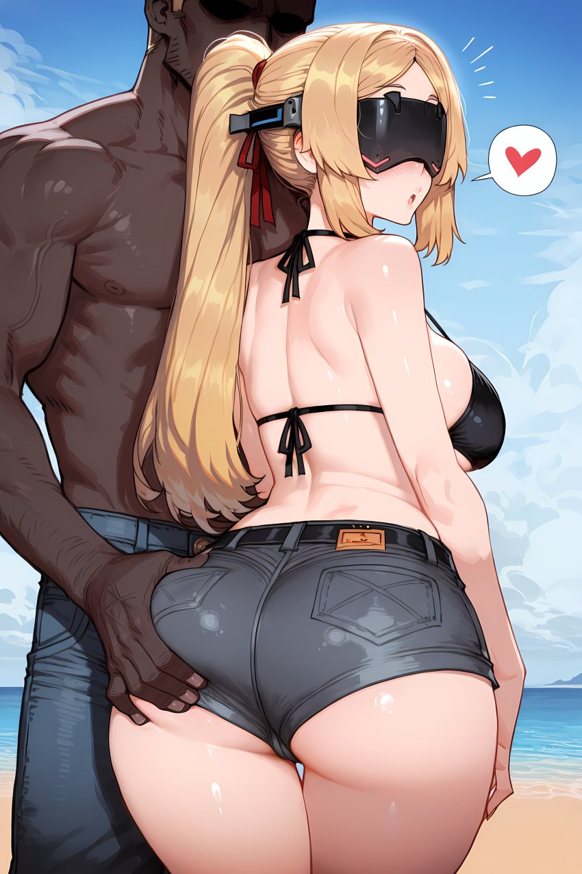 1female1male ai_generated beach_background big_ass black_bikini_top blonde_female blonde_hair_female dark-skinned_male didn't_hate_it enjoying_being_groped groping_ass hoyoverse jean_shorts kaikoi mihoyo nice_ass outdoors ponytail_(hair) trigger_(zenless_zone_zero) visor_(eyewear) white_skinned_female zenless_zone_zero