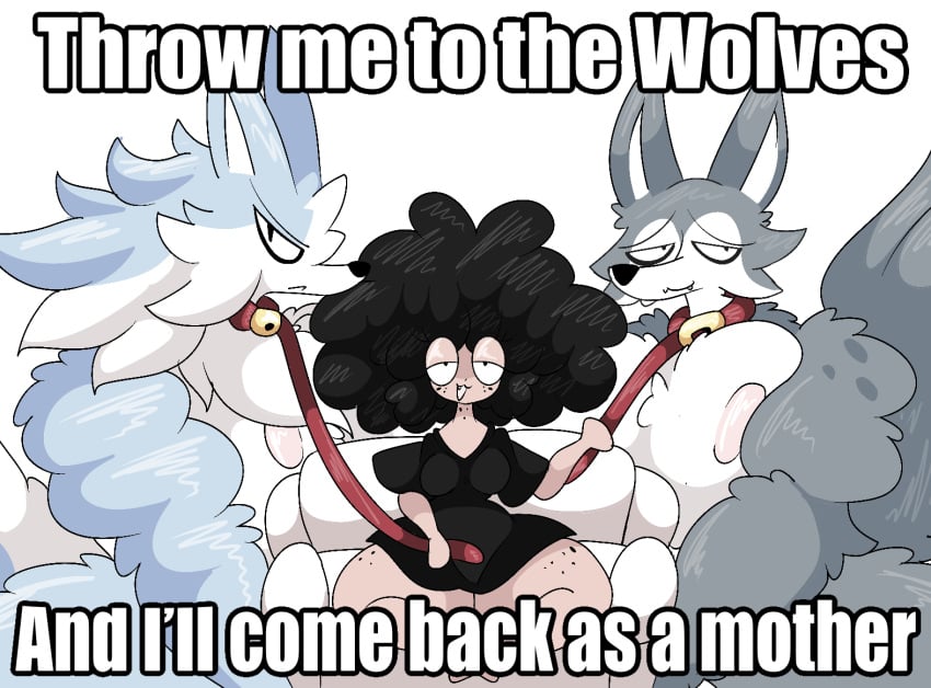 1girls 2boys afro anthro black_hair breasts canid canine canis collar female femdom furry human_on_anthro male meme rogywantscoffee size_difference small_breasts smaller_female tan tan_skin wolf