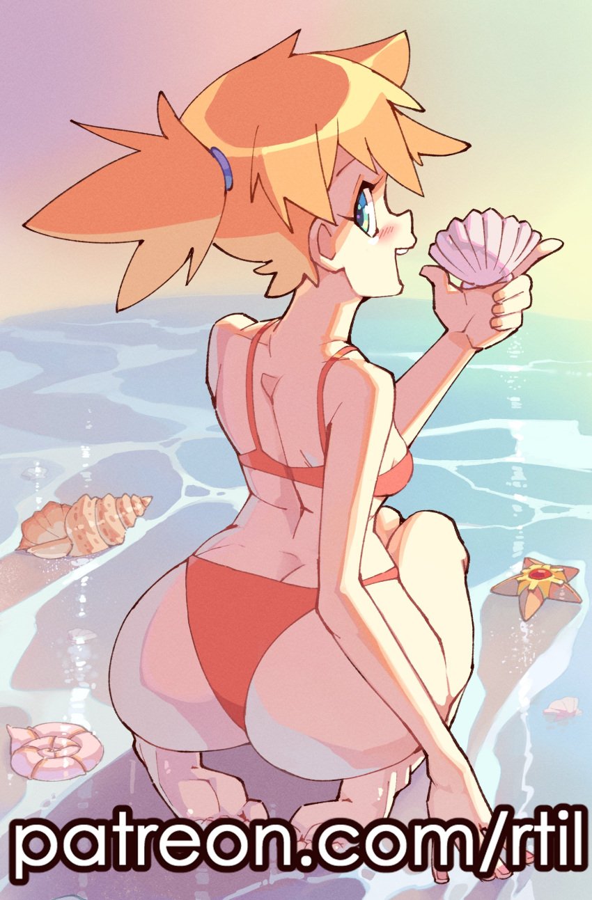 ass asymmetrical_hair back barefoot beach bikini blue_eyes blush breasts feet female from_behind gen_1_pokemon gym_leader highres holding kasumi_(pokemon) legs looking_at_viewer looking_back nintendo open_mouth orange_hair outdoors poke_ball pokemon pokemon_(anime) pokemon_(classic_anime) pokemon_rgby ponytail red_bikini rtil seashell shell short_hair side_ponytail sitting smile soles solo staryu swimsuit thighs toes water