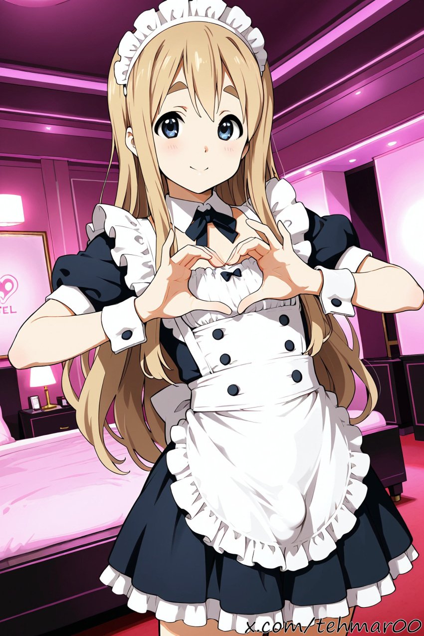 1boy ai_generated bed bedroom blonde_hair blue_eyes bulge femboy genderswap_(ftm) heart_gesture indoors k-on! long_hair looking_at_viewer love_hotel maid_headdress maid_uniform male moe_moe_kyun! rule_63 standing tehmar trap tsumugi_kotobuki_(k-on!)