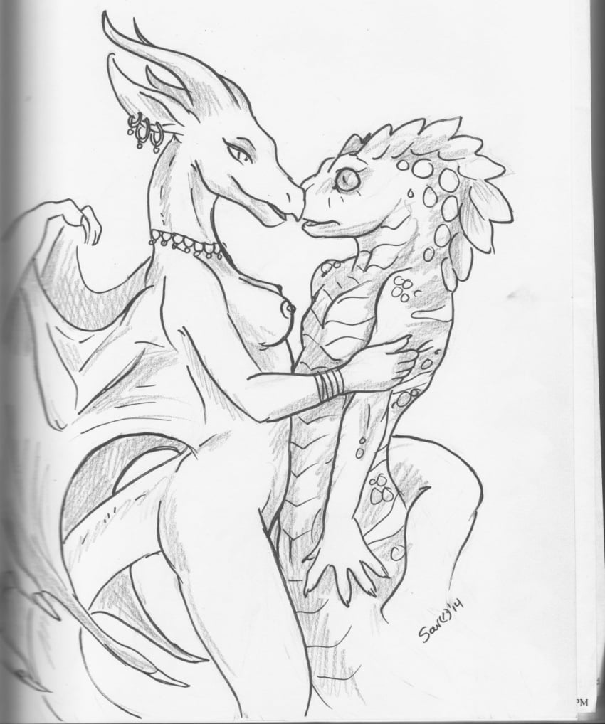 aleshia_(bahumot) animal_genitalia anthro apode areola bracelet breasts caribou_(artist) cobra draconcopode dragon dragon_tail duo ear_piercing ear_ring female genital_slit genitals hi_res horn jewelry legless male male/female markings membrane_(anatomy) membranous_wings monochrome mythological_creature mythological_scalie mythology naga necklace necklace_only nipples non-mammal_breasts non-mammal_nipples nose_to_nose nude nude_anthro nude_female nude_male open_mouth ophius_(bahumot) piercing reptile ring_piercing scales scalie serpentine simple_background smile snake snake_hood tail traditional_media_(artwork) wings