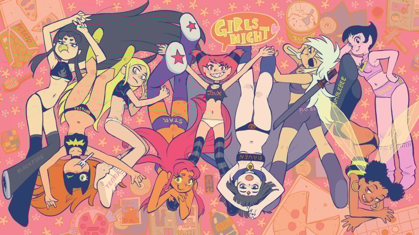 6+girls ass barbara_gordon batgirl blackfire bumblebee_(dc) dc dc_comics jayna_(wonder_twins) jinx_(dc) lying name_on_clothing name_on_underwear navel panties rachel_roth ramb_chop raven_(dc) rose_wilson sports_bra starfire super_friends tagme teen_titans terra_(dc)