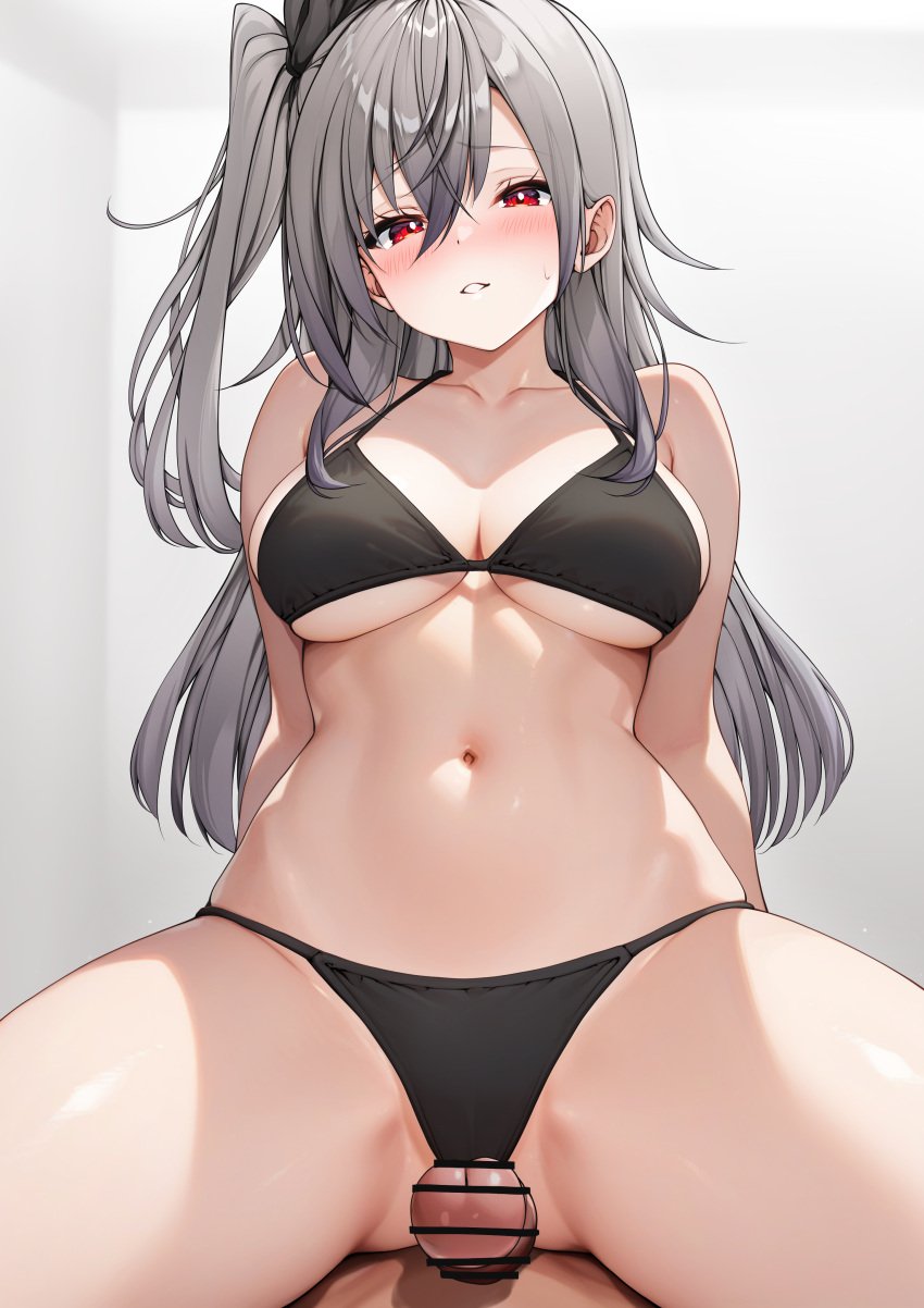 1boy absurdres arms_behind_back bar_censor bikini black_bikini black_ribbon blush breasts censored collarbone cowgirl_position female grey_hair grinding hair_between_eyes hair_ribbon highres hololive hololive_dev_is isaki_riona large_breasts long_hair looking_at_viewer navel one_side_up otokucha parted_lips penis red_eyes ribbon solo_focus spread_legs stomach swimsuit thighs