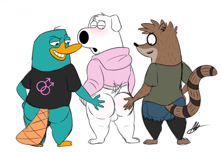 ass balls blush bottomless bottomwear brian_griffin cartoon_network clothed clothing denim denim_clothing denim_shorts family_guy hand_on_butt hoodie looking_back male_focus male_only no_humans perry_the_platypus phineas_and_ferb regular_show rigby_(regular_show) shirt shorts topwear