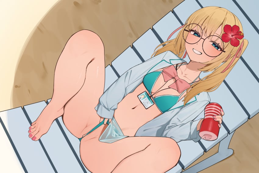 absurdres artificial_vagina barefoot beach_chair bikini blonde_hair blue_bikini blue_eyes blush bonnou_peace bow breasts collarbone commentary_request commission female flower frontal_wedgie glasses grin hair_flower hair_ornament highres id_card jacket long_sleeves looking_at_viewer m_legs medium_hair navel open_clothes open_jacket original pink_bow pink_nails pink_ribbon pussy pussy_juice pussy_peek ribbon sand sex_toy sidelocks skeb_commission small_breasts smile solo spread_legs swimsuit tenga twintails wedgie white_jacket